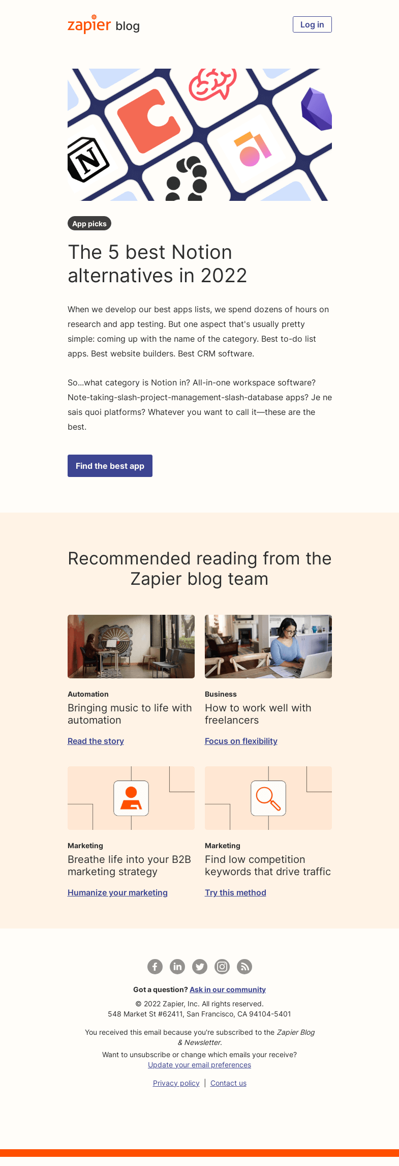 Письмо компании «Zapier» на тему «The best Notion alternatives in 2022»