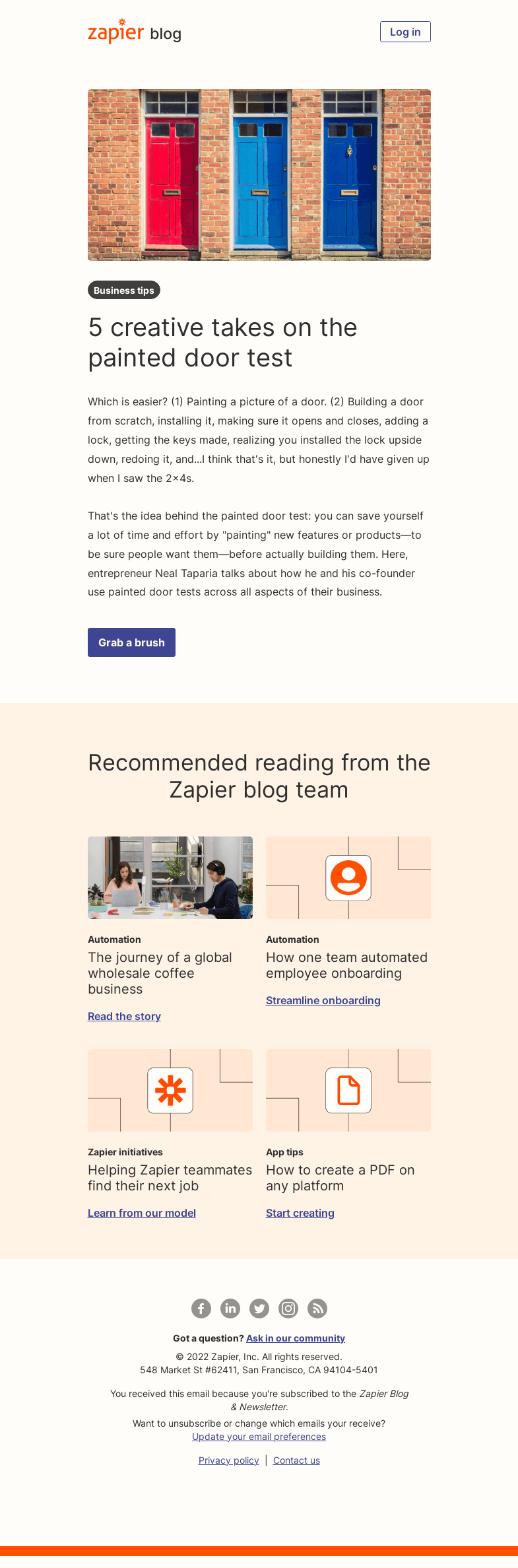 Письмо компании «Zapier» на тему «5 creative takes on the painted door test»