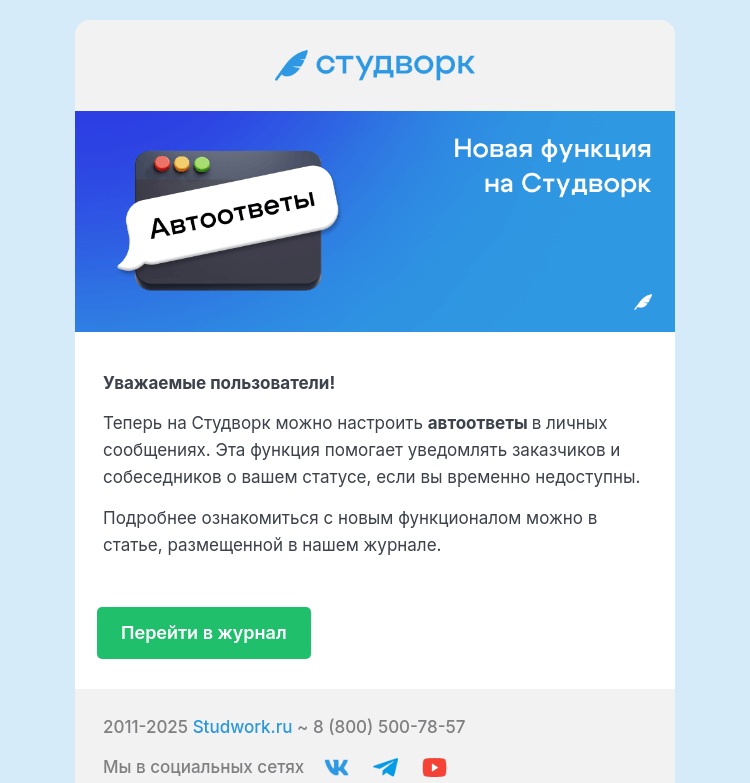 Письмо компании «Студворк» на тему «Автоответы на Студворк: как настроить и зачем они нужны»