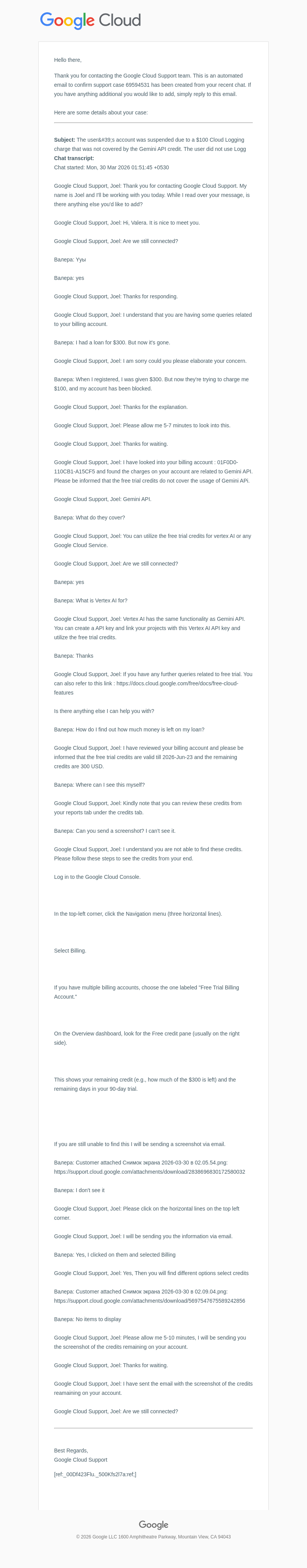 Письмо компании «Google Cloud Support» на тему «Your chat transcript for Case #69594531»