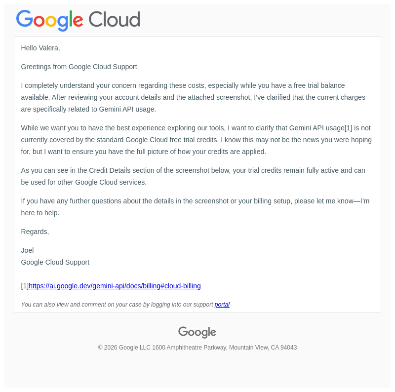 Письмо компании «Google Cloud Support» на тему «Google Cloud Support 69594531: The user's account was suspended due
 to a $100 Cloud Logging charge that was not covered by the Gemini API
 credit. The user did not use Logg»