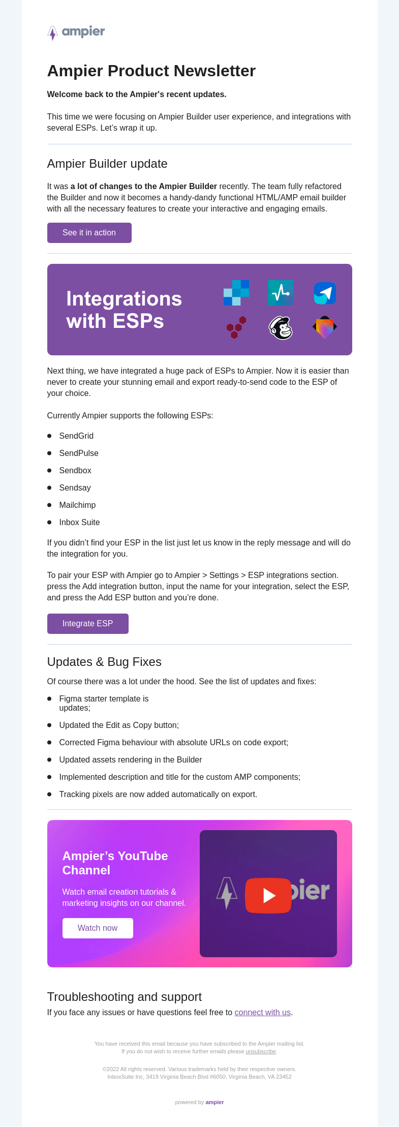 Письмо компании «Ampier» на тему «Recent updates wrap up. Email Builder improvements and lots of ESP
 integrations»