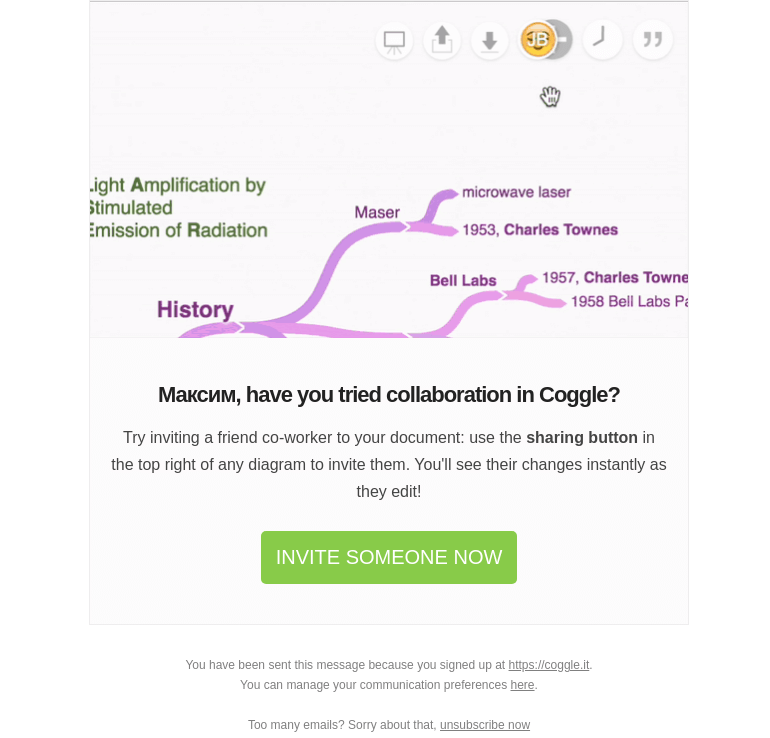 Письмо компании «Coggle» на тему «Максим, have you tried collaboration in Coggle?»