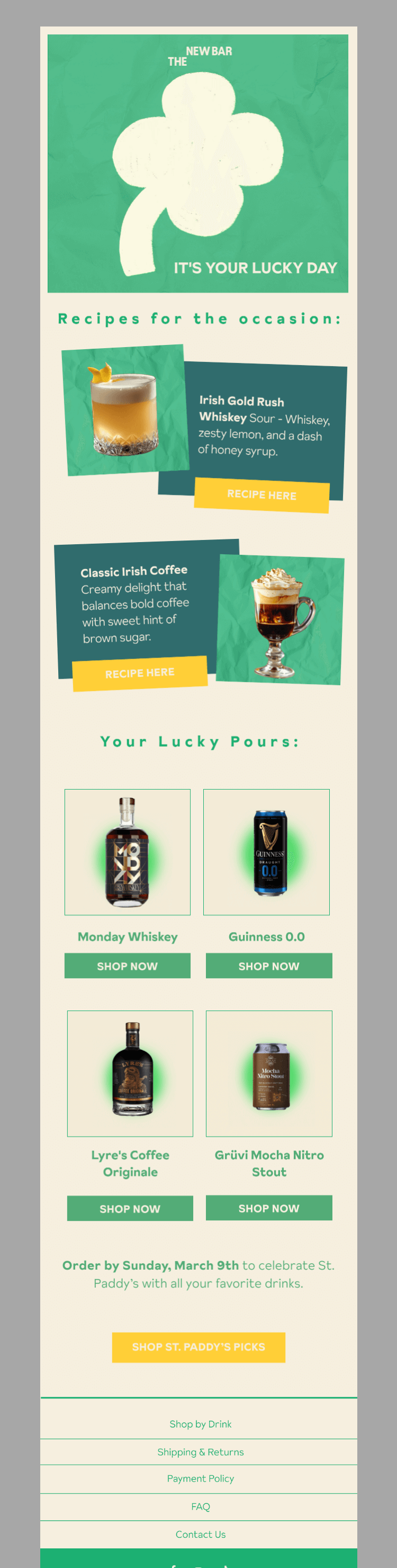 Письмо компании «The New Bar» на тему «Pour decisions we stand by: St. Paddy’s edition 🍀»