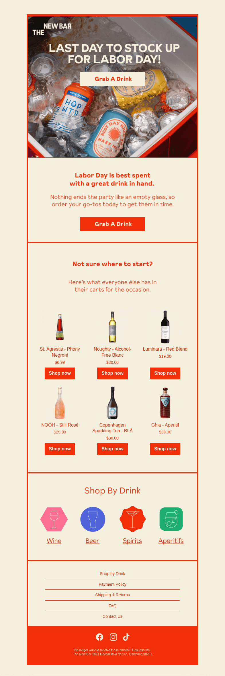 Письмо компании «The New Bar» на тему «Order now to get your drinks by Labor Day!»