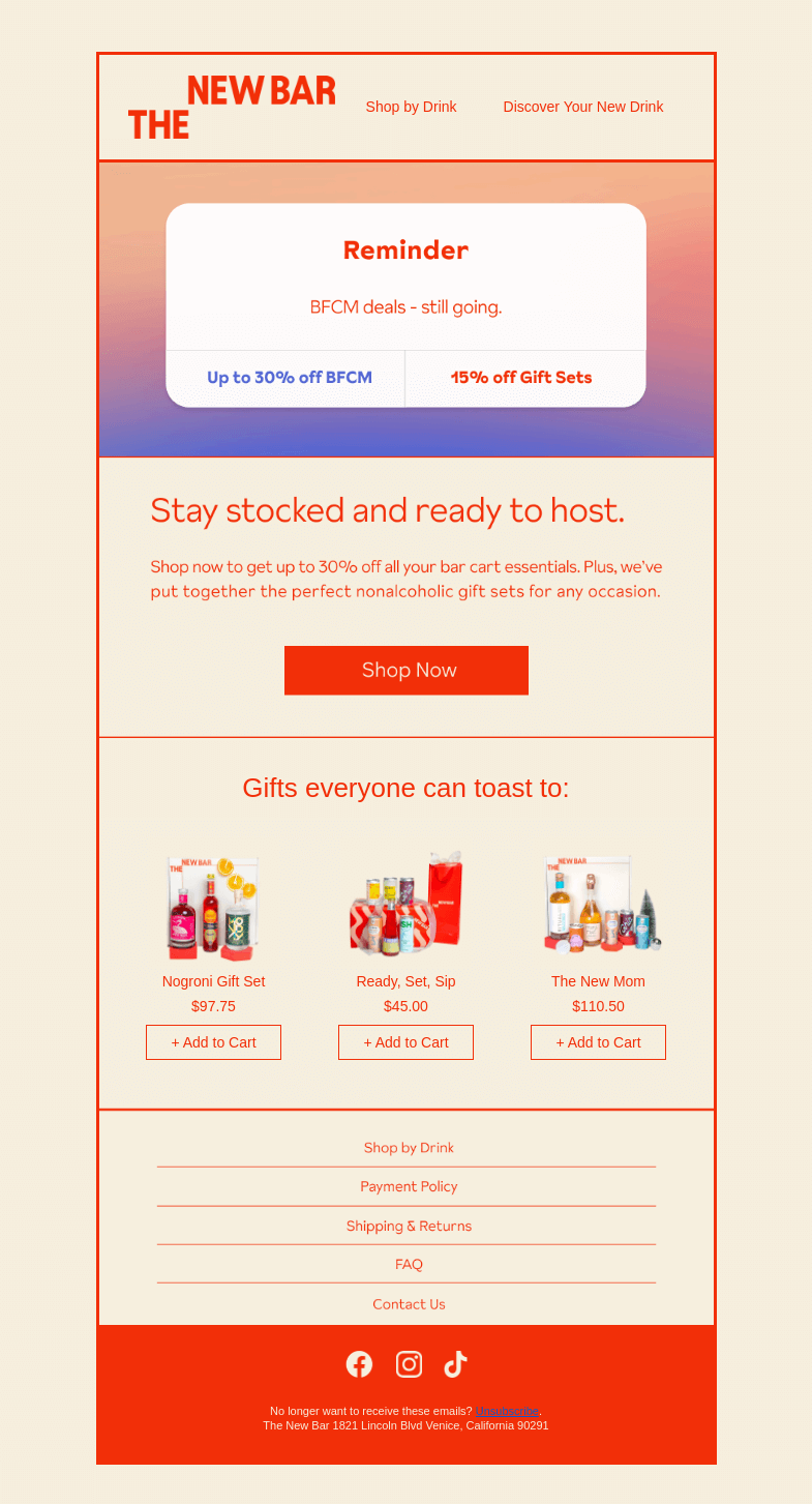 Письмо компании «The New Bar» на тему «REMINDER: Up to 30% OFF»