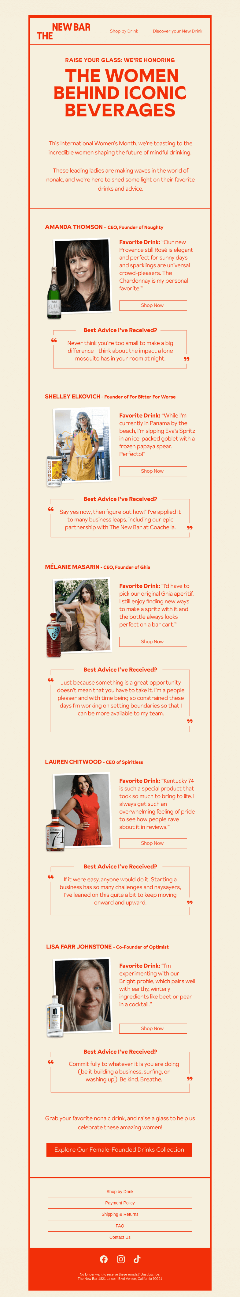 Письмо компании «The New Bar» на тему «Meet the women behind your favorite nonalc drinks.»
