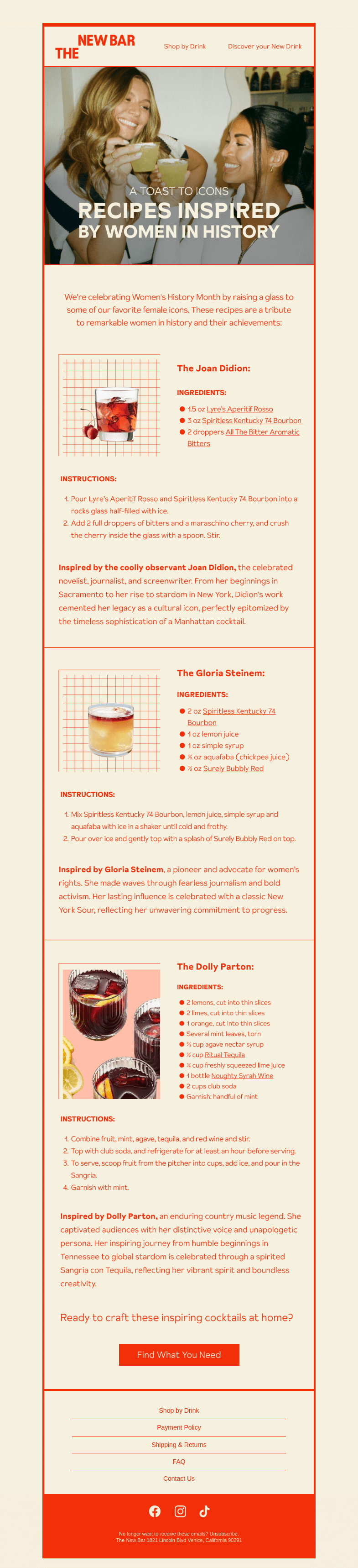 Письмо компании «The New Bar» на тему «Nonalc recipes inspired by women?»