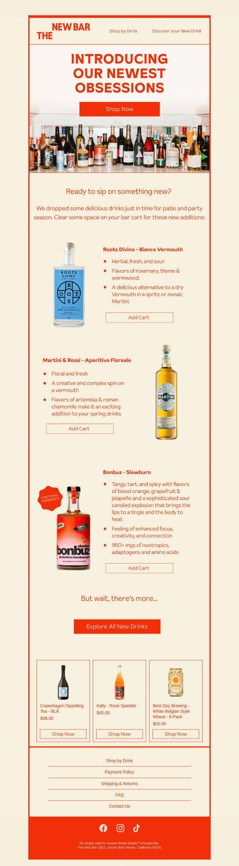 Письмо компании «The New Bar» на тему «NEW drinks were just stocked at TNB!»