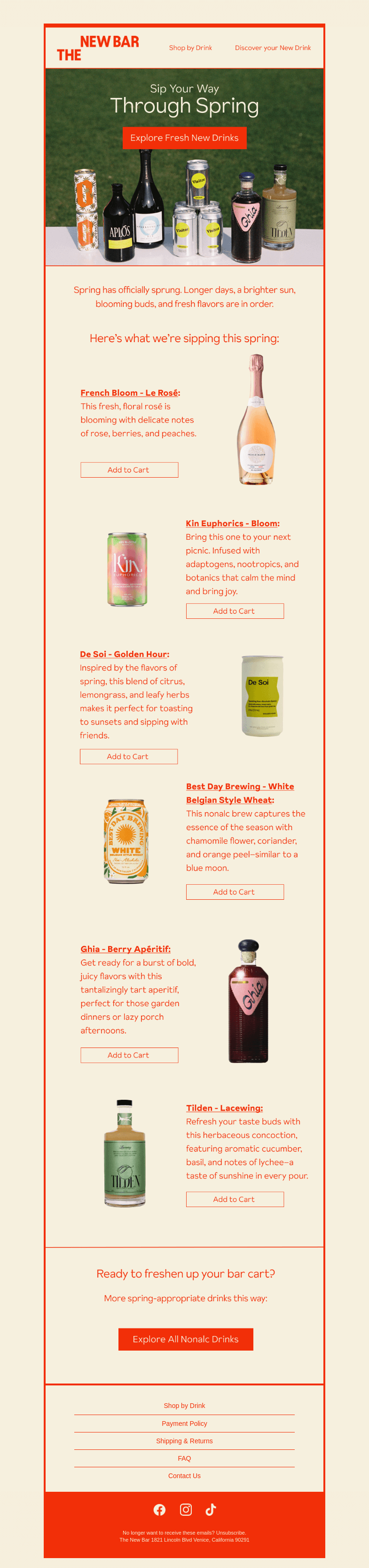 Письмо компании «The New Bar» на тему «Toast to spring with our latest nonalc arrivals 🥂»