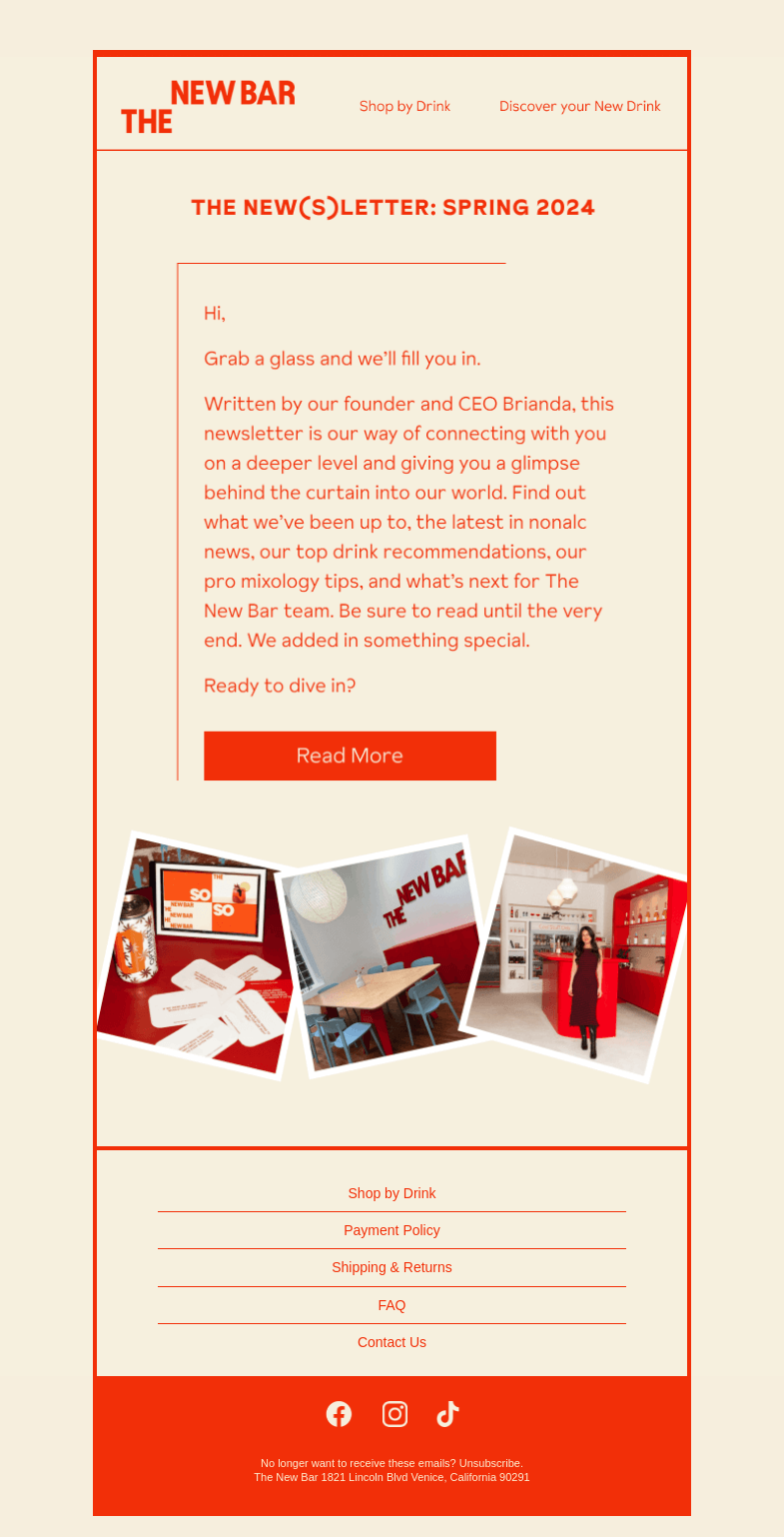 Письмо компании «The New Bar» на тему «Introducing our quarterly newsletter!»