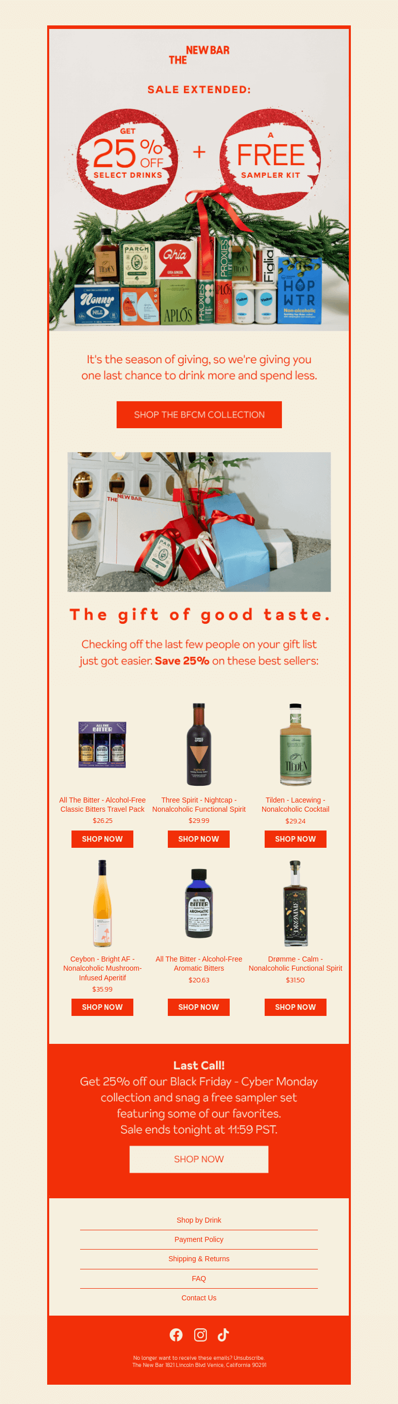 Письмо компании «The New Bar» на тему «Last chance to save 25% + get a free 🎁 with purchase!»