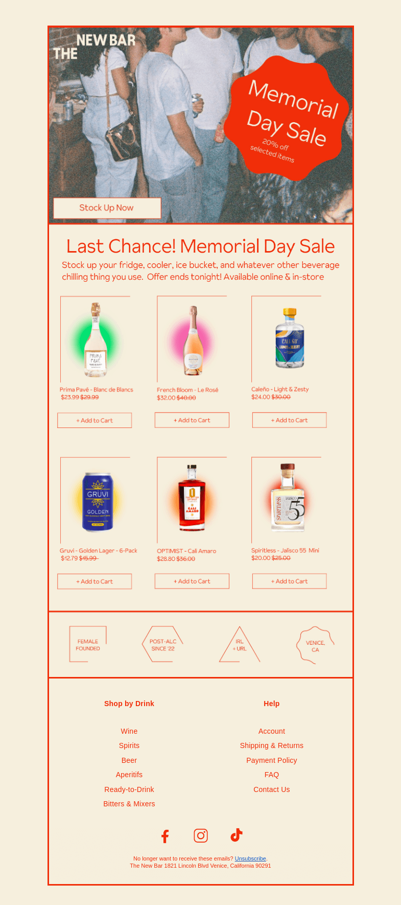 Письмо компании «The New Bar» на тему «Last chance! 20% off select drinks»