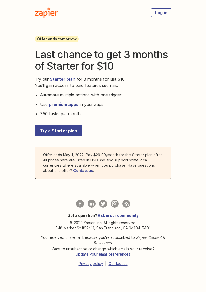 Письмо компании «Zapier» на тему «[Ends tomorrow] 3 months of Starter for $10»