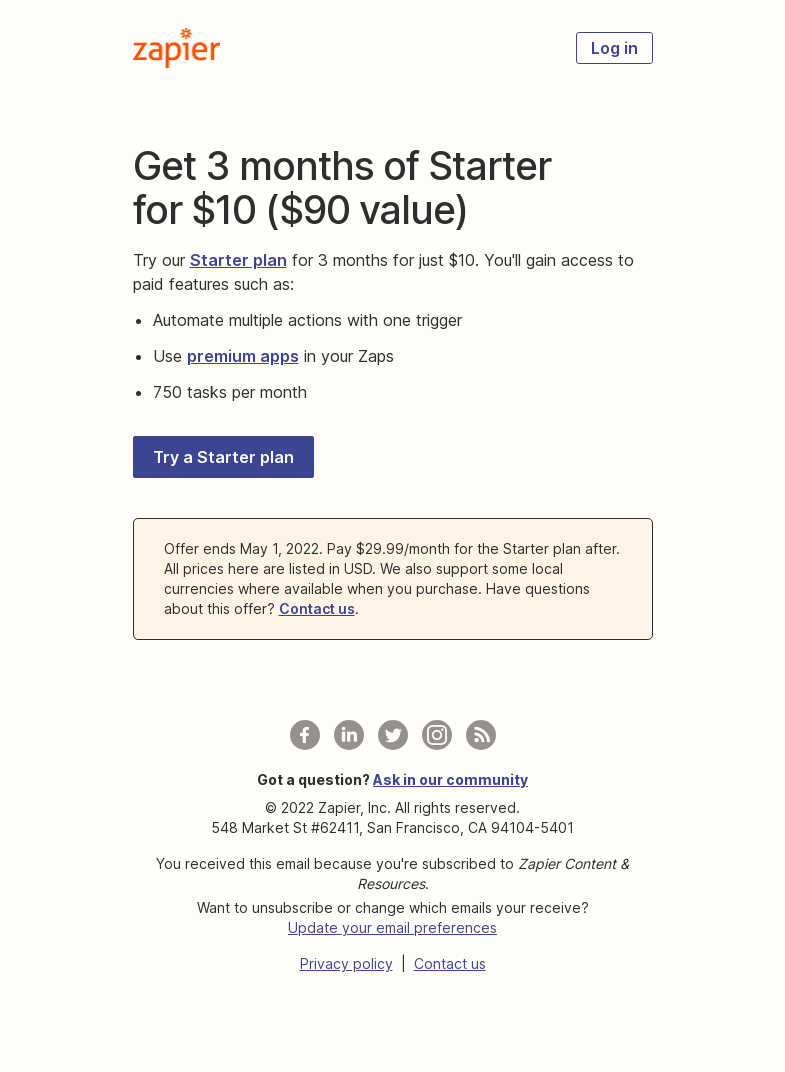 Письмо компании «Zapier» на тему «Get 3 months of our Starter plan for $10»