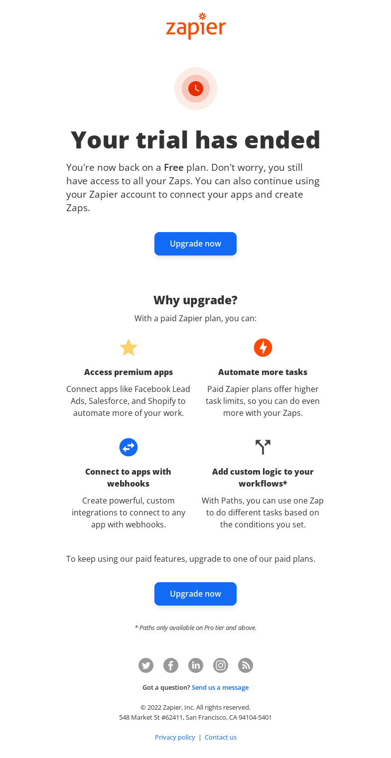 Письмо компании «Zapier» на тему «Your Zapier trial has ended»