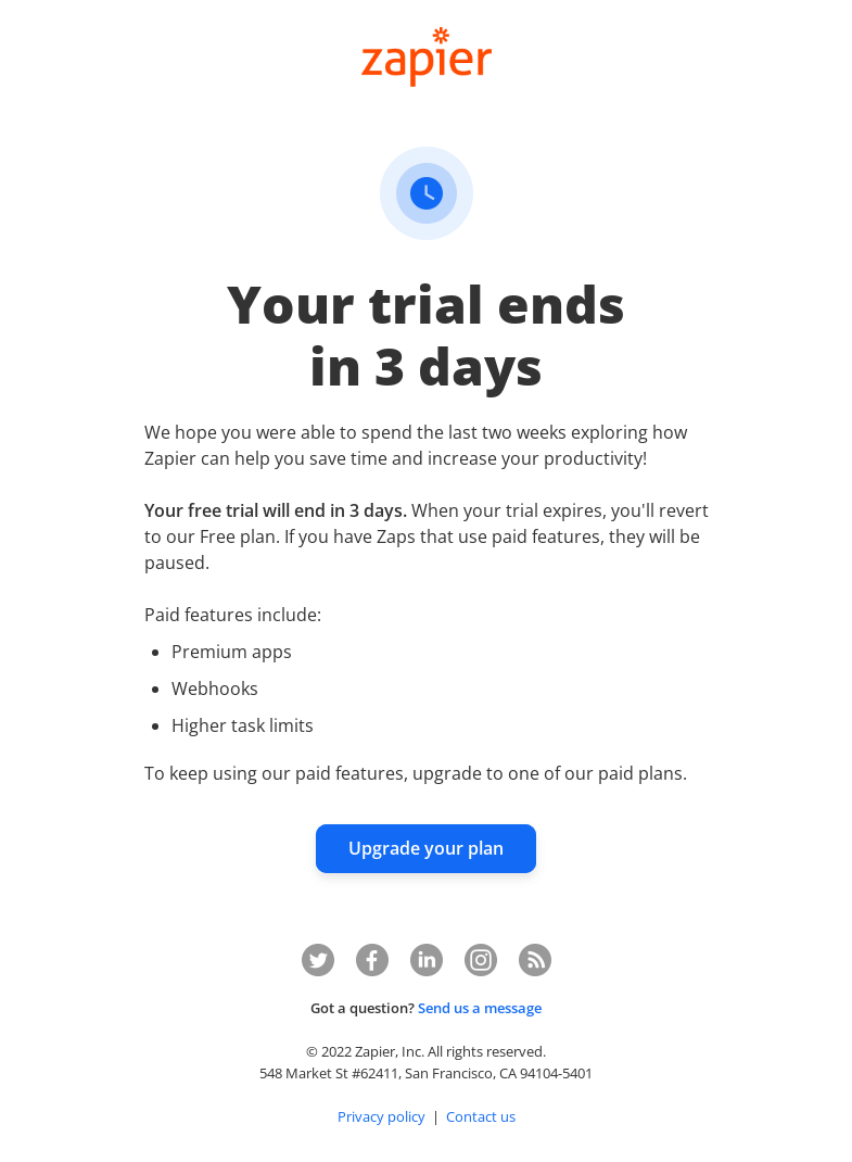 Письмо компании «Zapier» на тему «Your Zapier trial ends in 3 days»