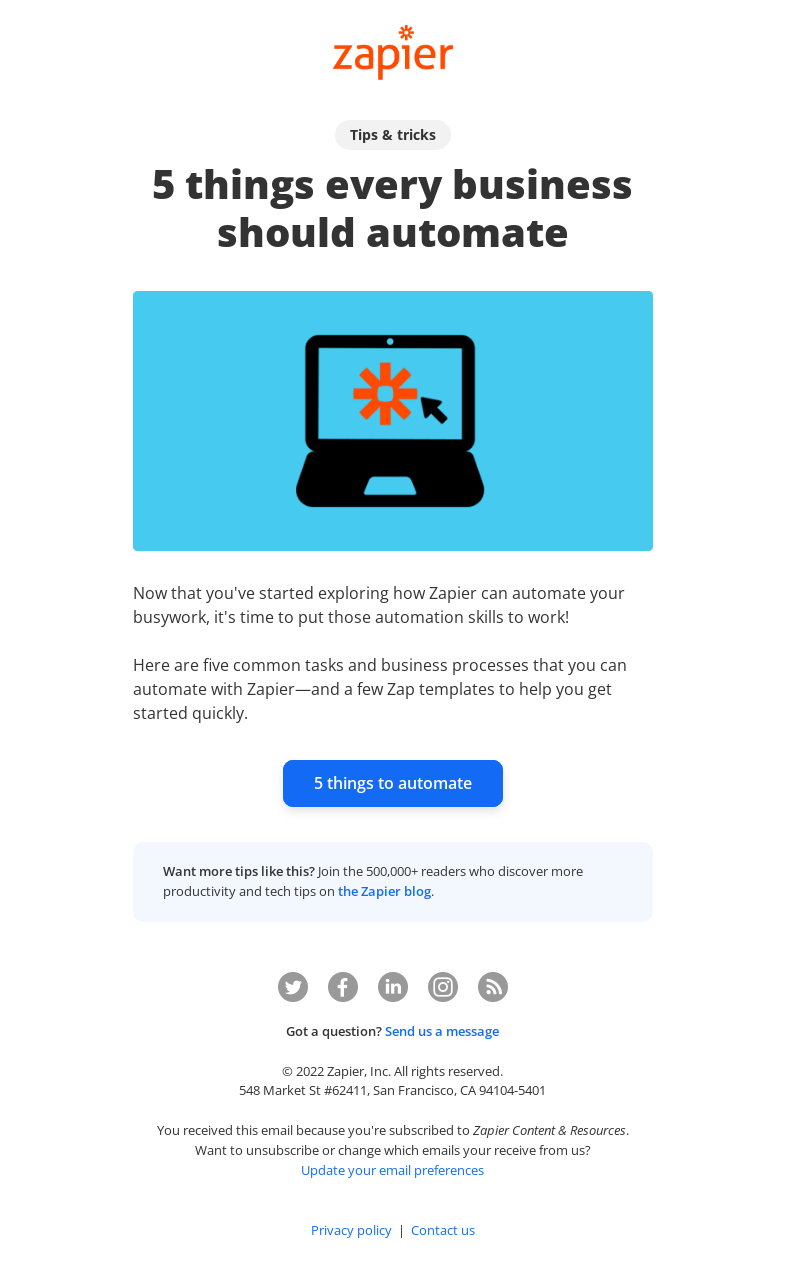 Письмо компании «Zapier» на тему «5 things you should automate»