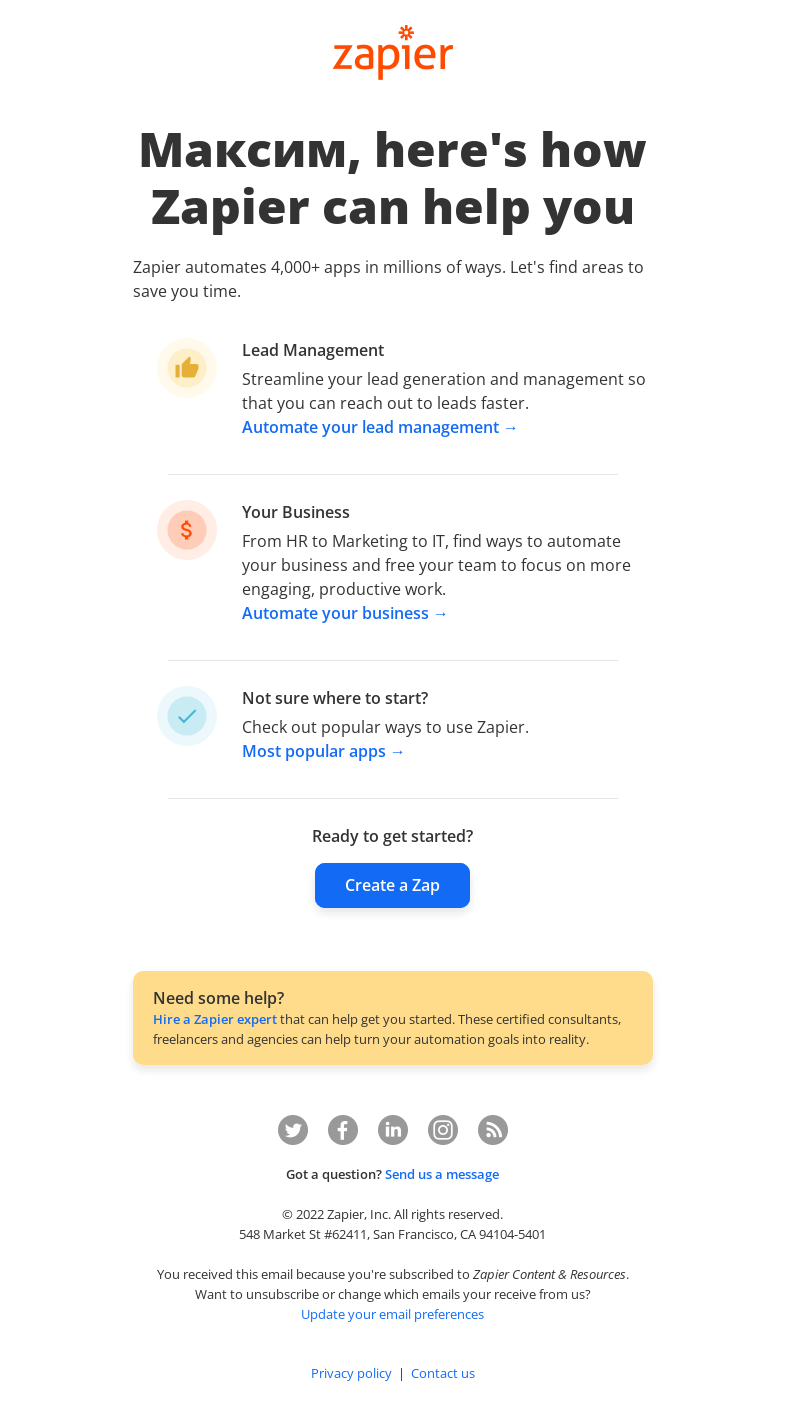 Письмо компании «Zapier» на тему «Here's how Zapier can help you»