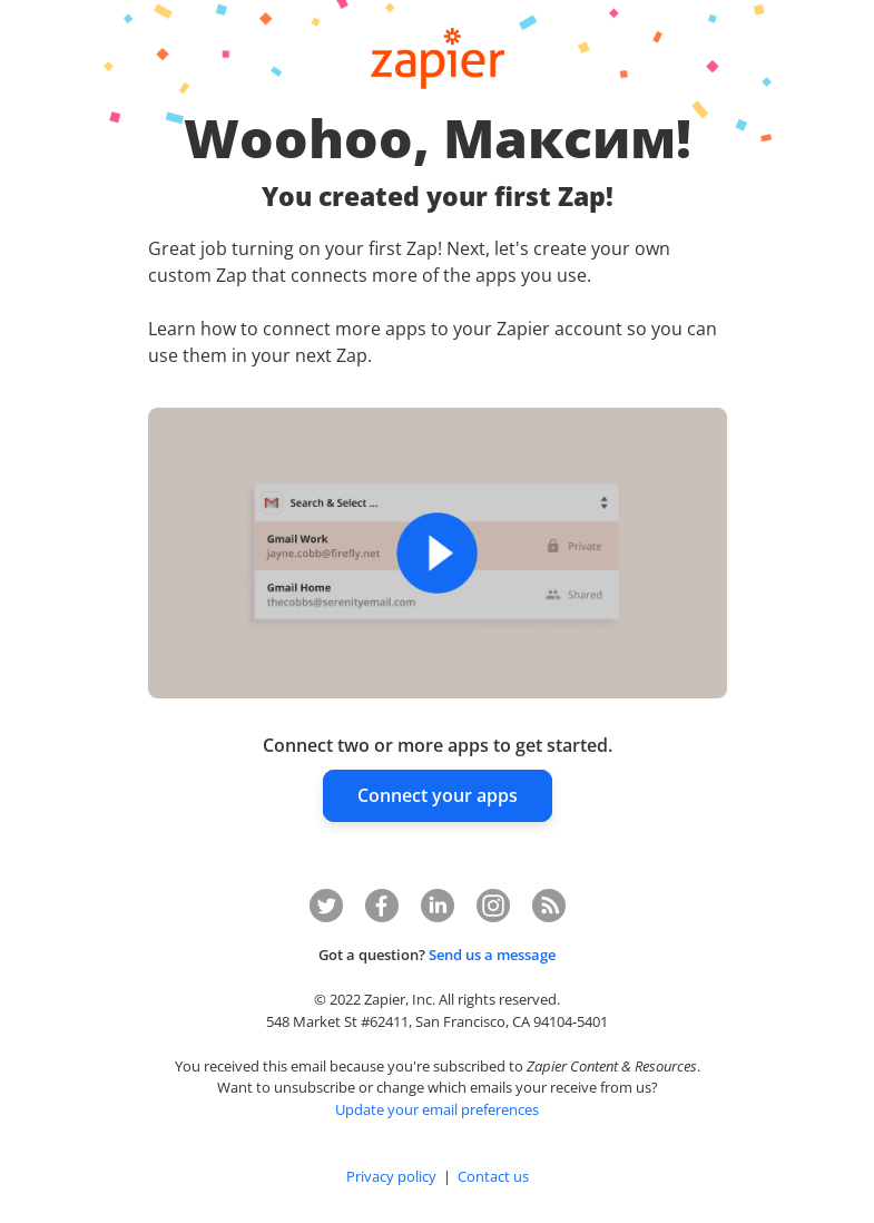 Письмо компании «Zapier» на тему «Congrats, you’ve turned on your first Zap!»