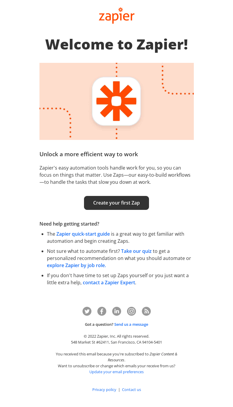 Письмо компании «Zapier» на тему «Welcome to Zapier»