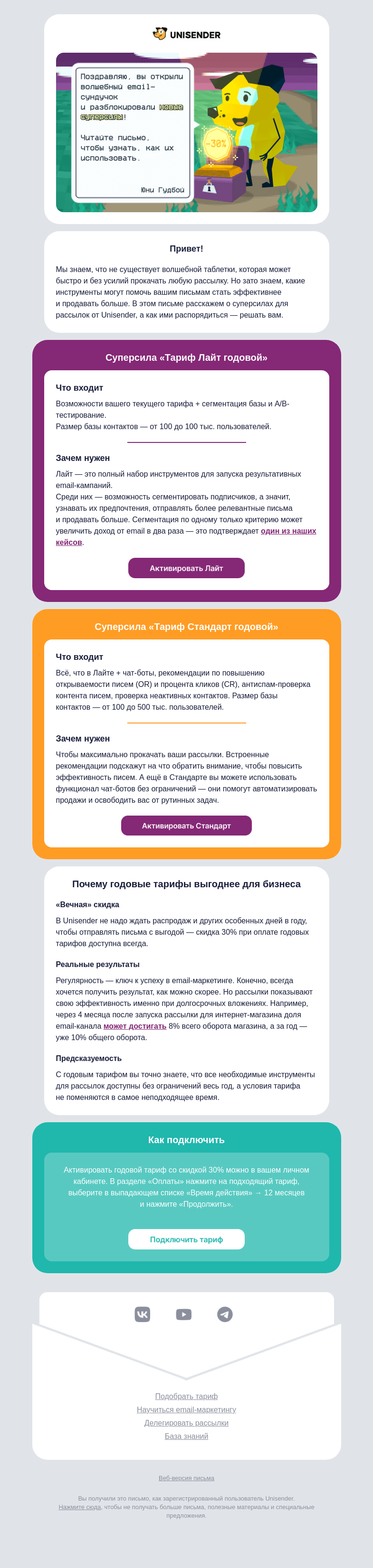 Письмо компании «Юнисендер» на тему «Суперсила для ваших имейлов ✨»