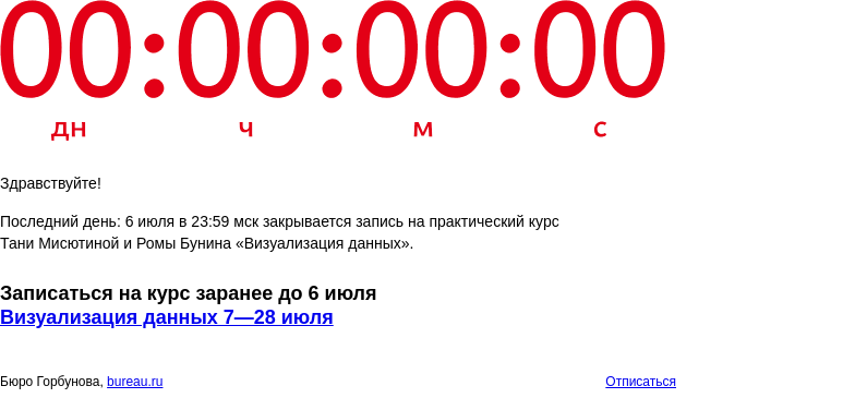 Письмо компании «Бюро Горбунова» на тему «Последний день: 6 июля в 23:59 мск закрывается запись на практический курс Тани Мисютиной и Ромы Бунина «Визуализация данных»»