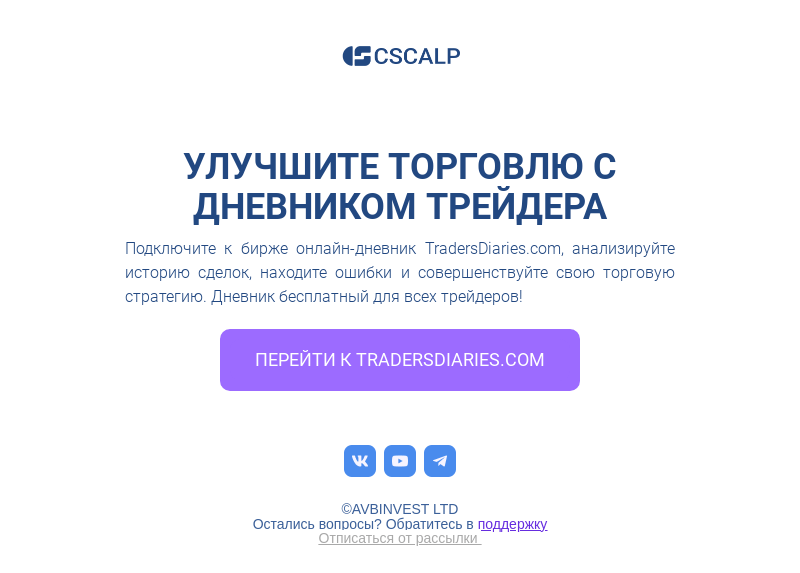 Письмо компании «CScalp -» на тему «Улучшите торговлю с Дневником трейдера»