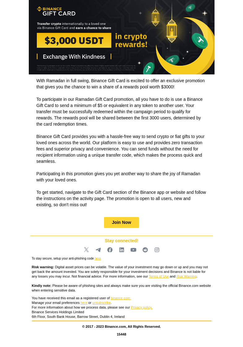 Письмо компании «Binance» на тему «Win a share of a rewards pool worth $3000 with Binance Gift Cards»