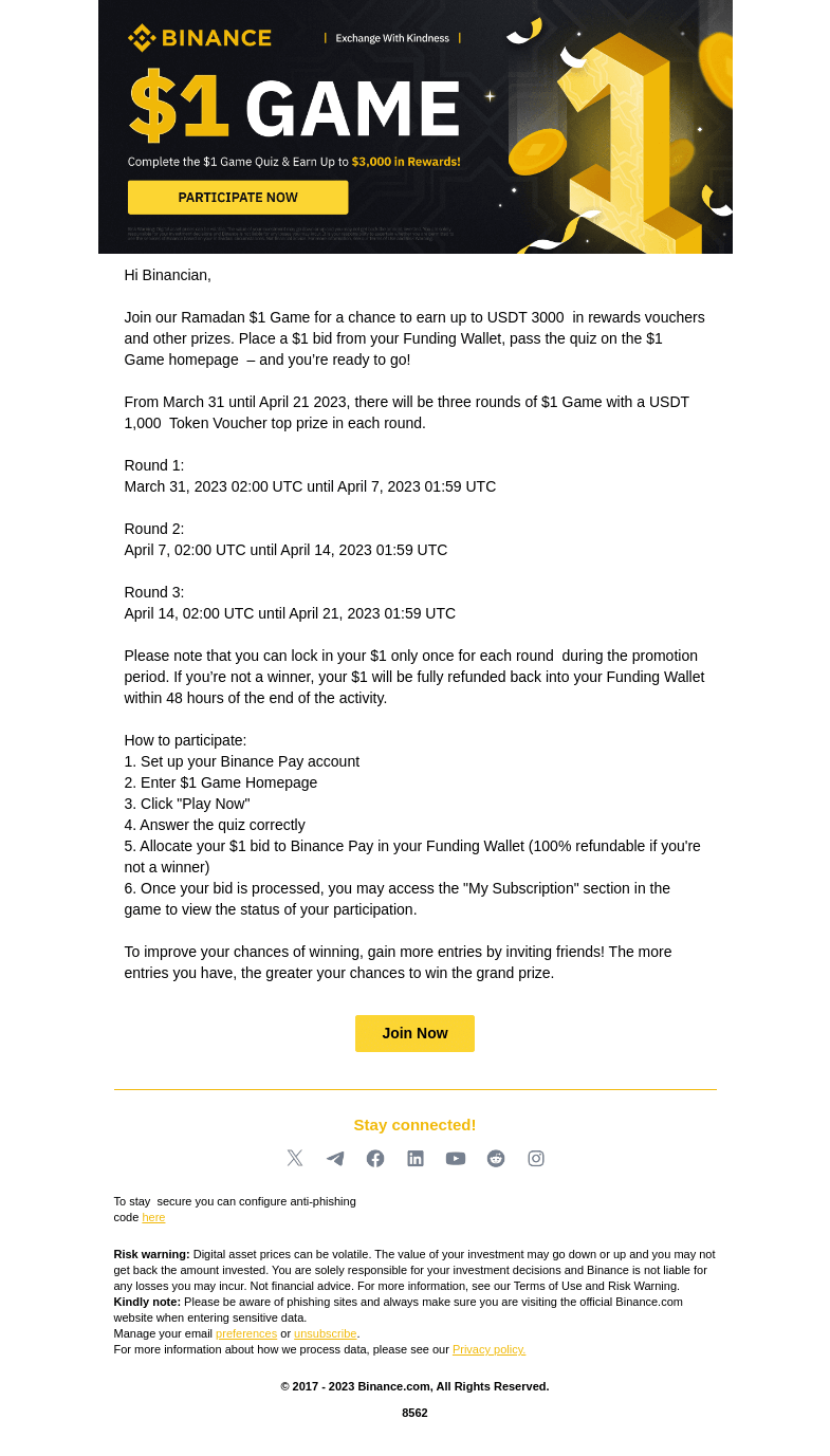 Письмо компании «Binance» на тему «Join our $1 Game and get a chance to earn up to USDT 3000 in
 rewards!»