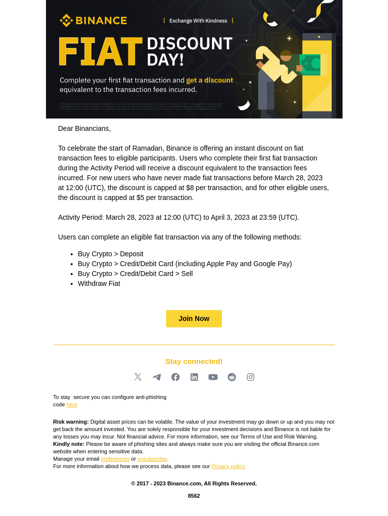 Письмо компании «Binance» на тему «This Ramadan, Enjoy an Instant Discount on Fiat Transaction Fees on
 Binance!»