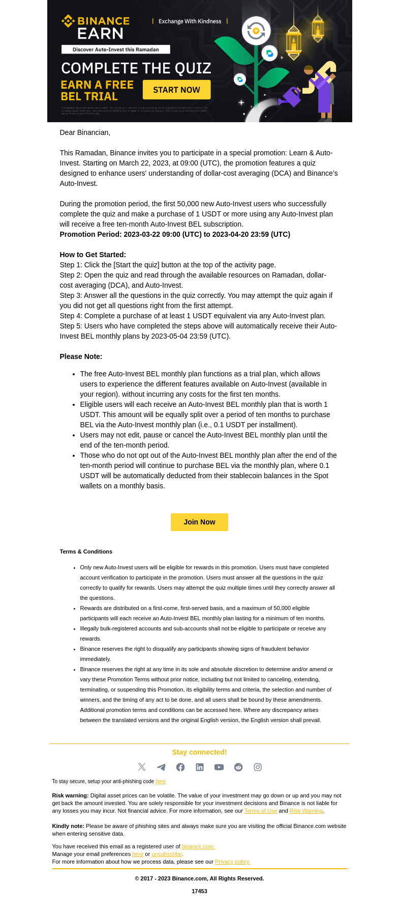 Письмо компании «Binance» на тему «Discover Auto-Invest This Ramadan»