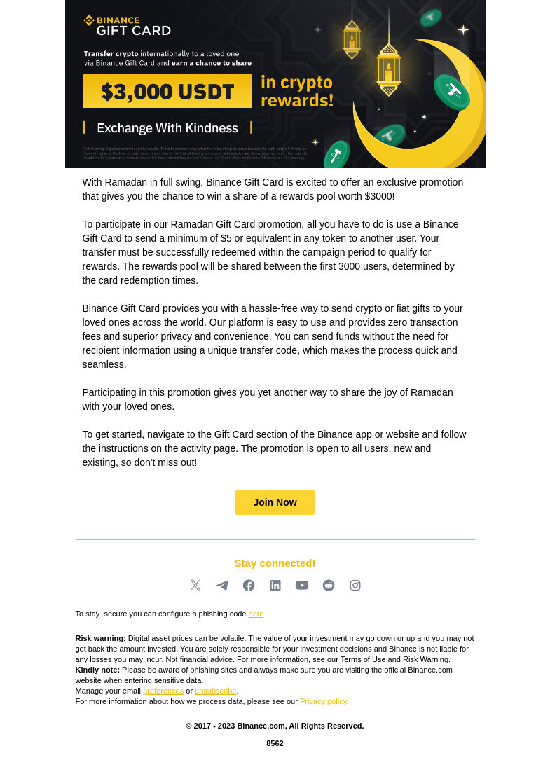 Письмо компании «Binance» на тему «Ramadan Day 03 : Win a share of a rewards pool worth $3000 with
 Binance Gift Cards»