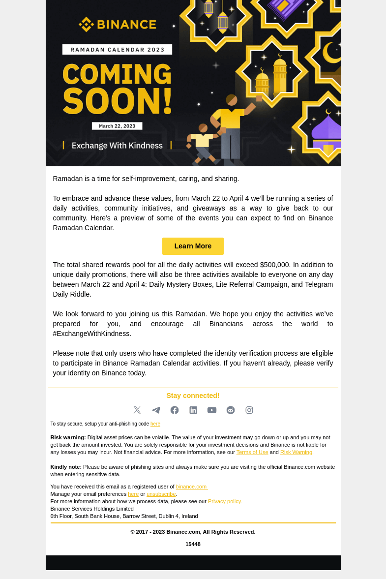 Письмо компании «Binance» на тему «Discover our Ramadan Calendar and tap into a rewards pool of more
 than $500,000»