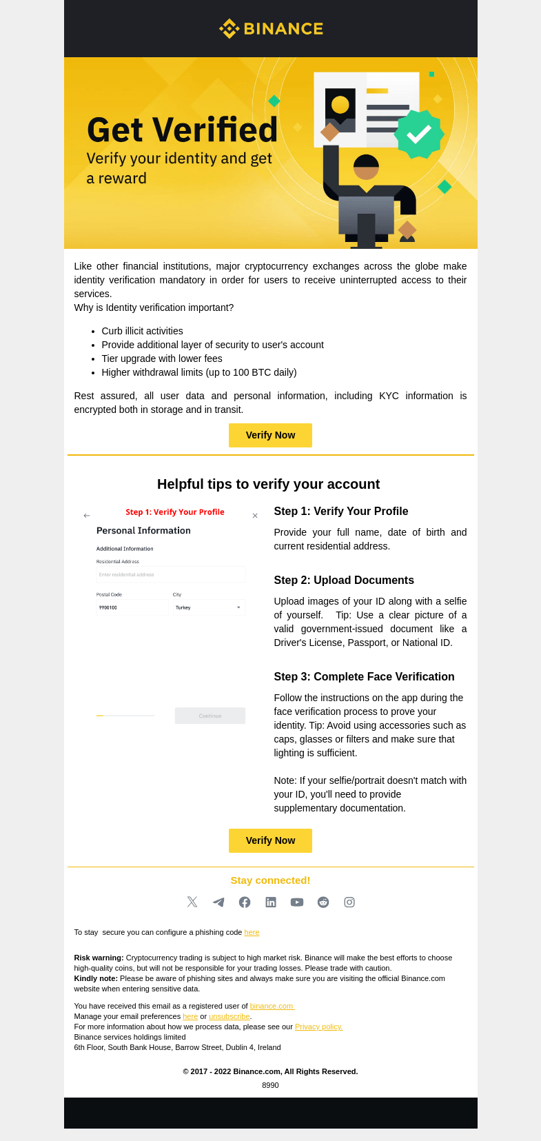 Письмо компании «Binance» на тему «Are you struggling with your Identity Verification?»