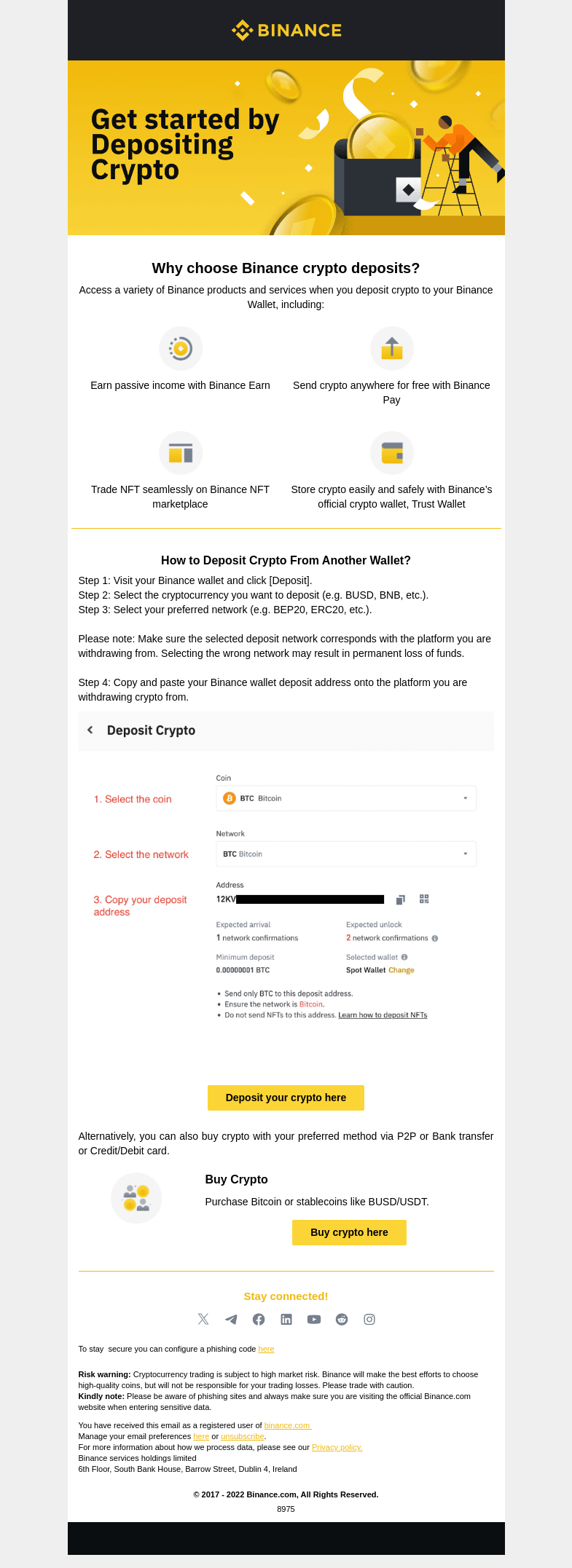 Письмо компании «Binance» на тему «Make your first deposit on Binance today!»