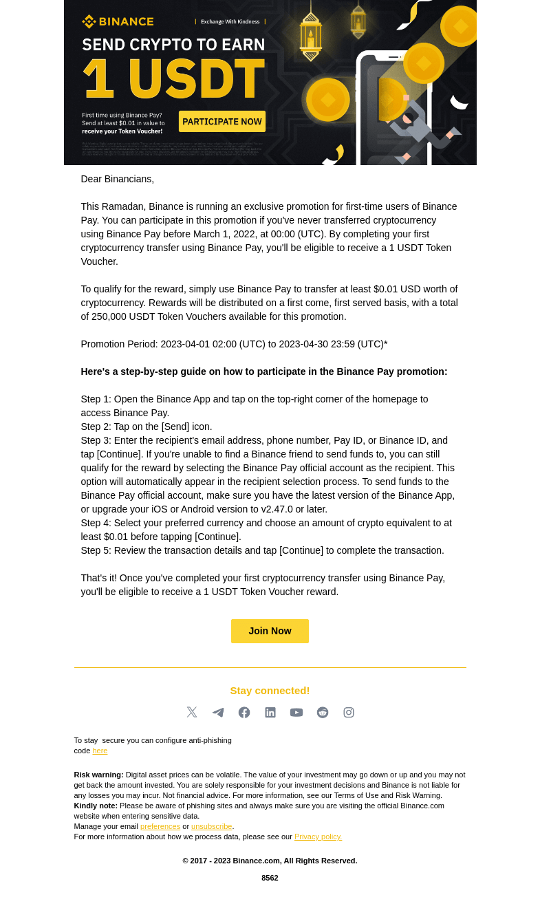 Письмо компании «Binance» на тему «Send Crypto with Binance Pay to Receive a 1 USDT Token Voucher»