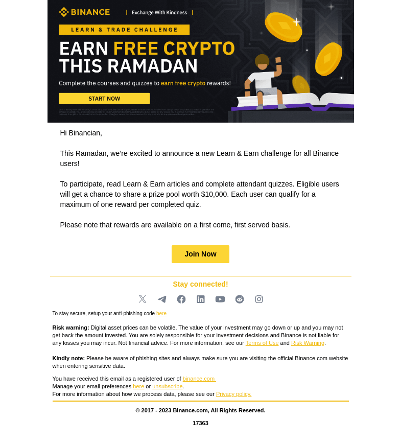 Письмо компании «Binance» на тему «Day 7 | This Ramadan, Earn Crypto by Learning»
