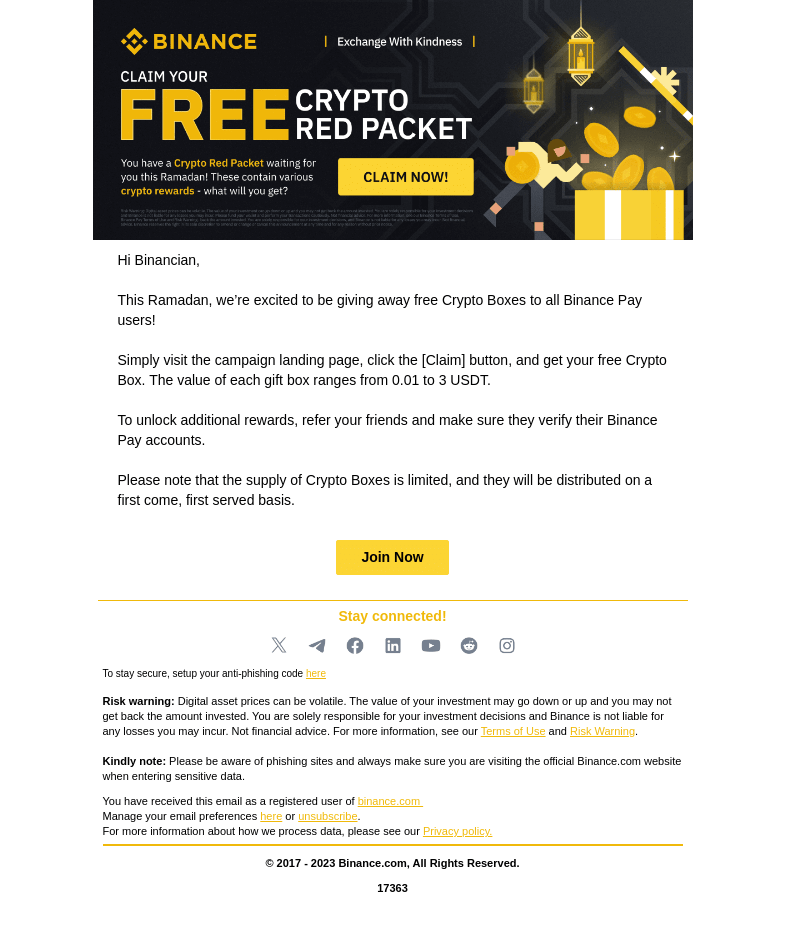 Письмо компании «Binance» на тему «Day 6 | Claim your Free Ramadan Crypto Box!»