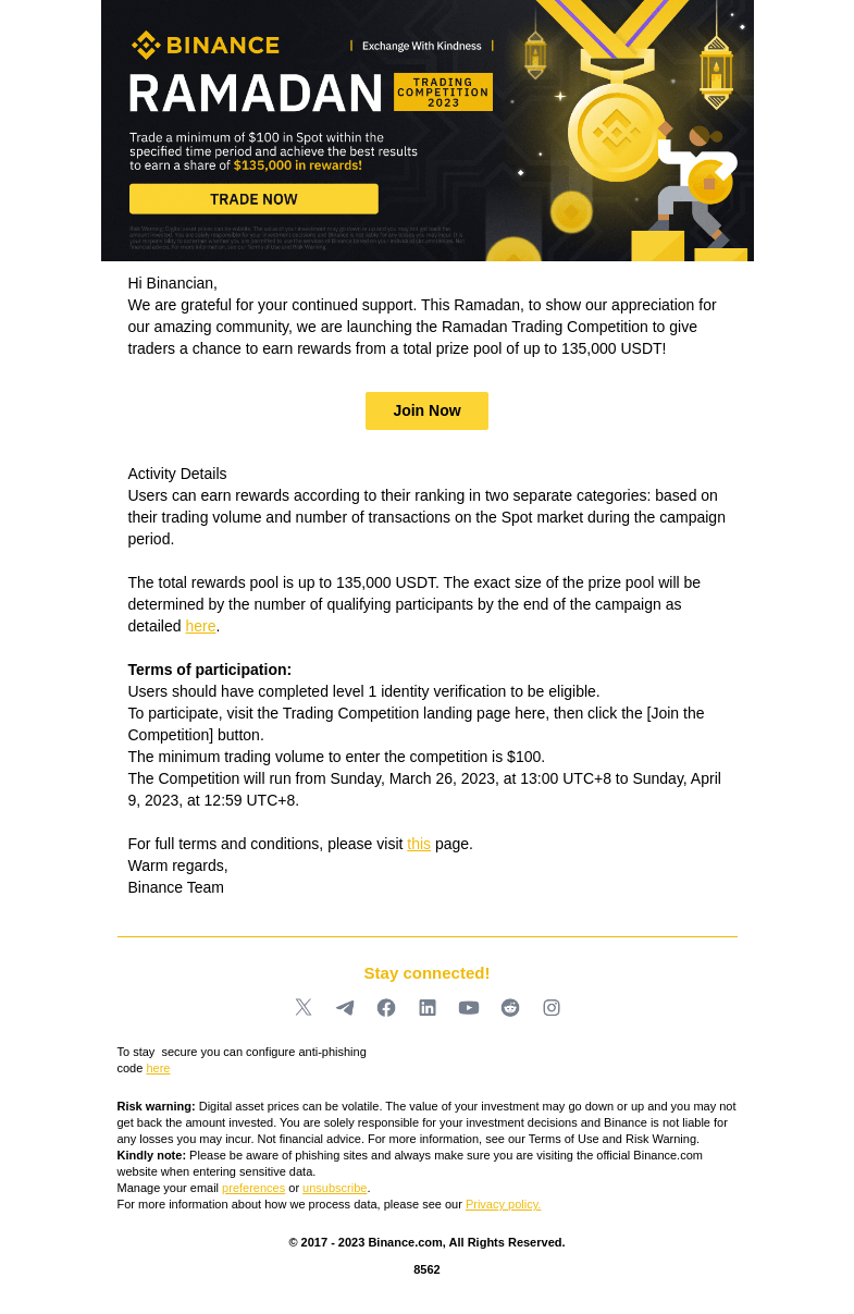 Письмо компании «Binance» на тему «Binance’s 2023 Ramadan trading competition is here!»