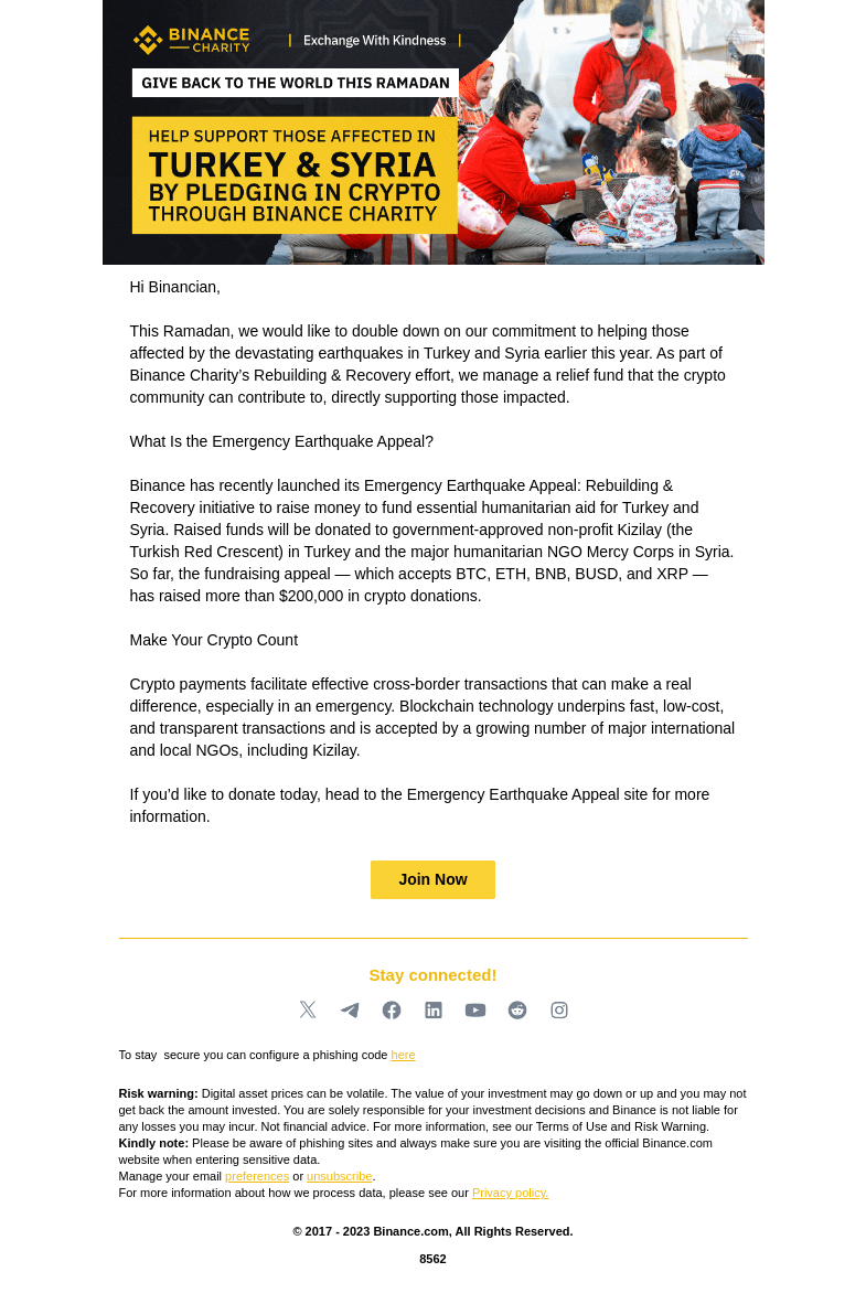 Письмо компании «Binance» на тему «Embracing kindness this Ramadan»