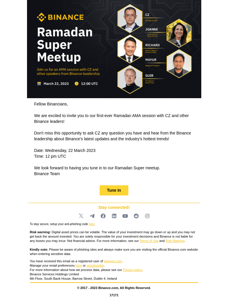 Письмо компании «Binance» на тему «1 Day left ! Ramadan Super Meetup with CZ»