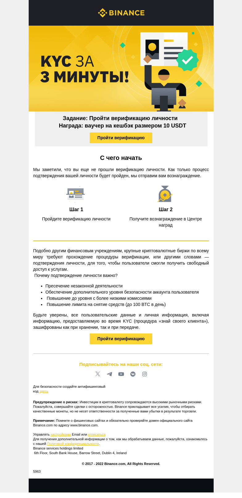 Письмо компании «Binance» на тему «Осталось 3 дня, чтобы получить кешбэк размером 10 USDT»