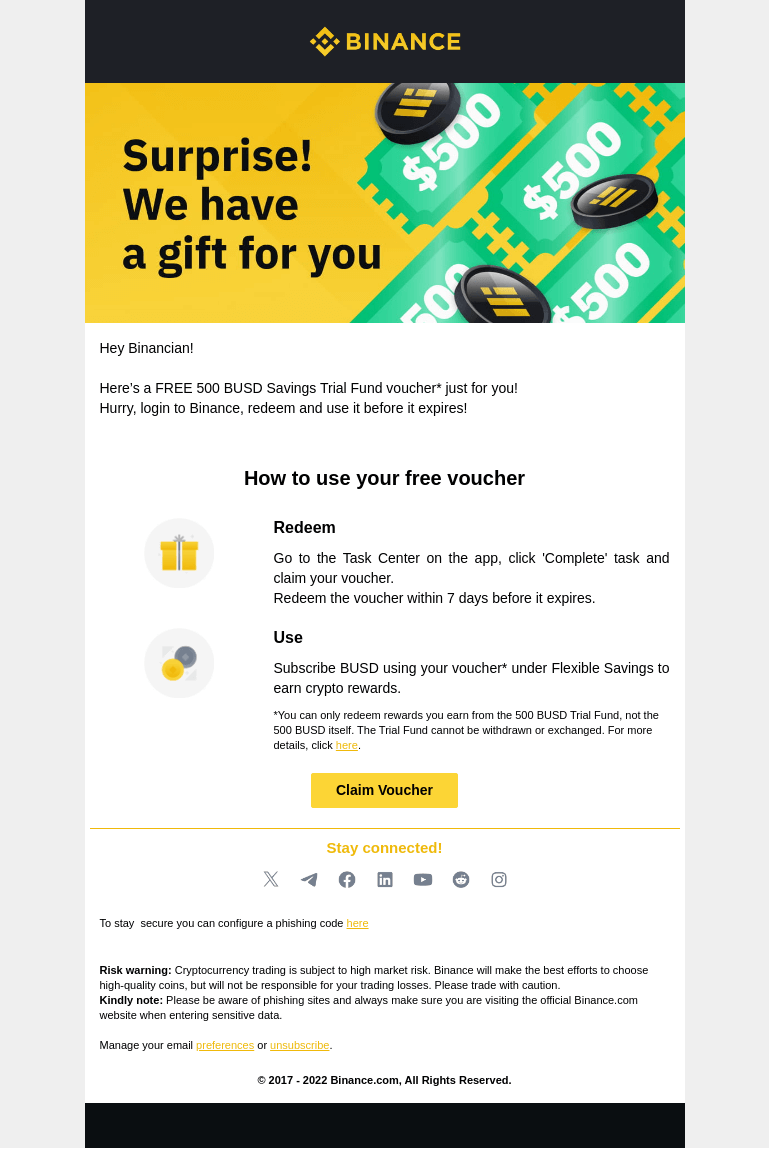 Письмо компании «Binance» на тему «Surprise! We have a gift for you!»