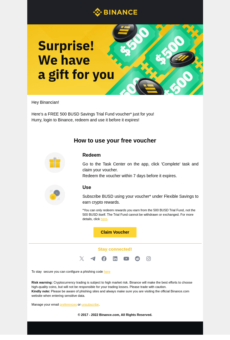 Письмо компании «Binance» на тему «Surprise! We have a gift for you!»