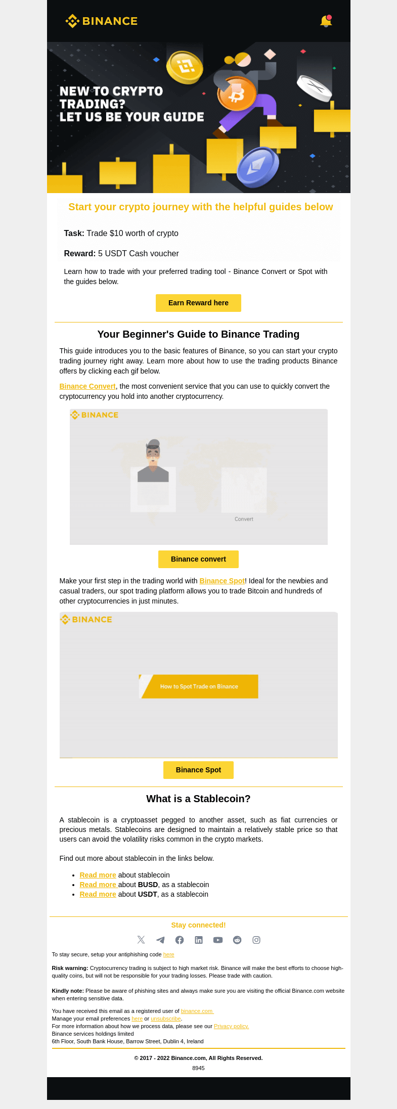 Письмо компании «Binance» на тему «Learn & Trade - Get 5 USDT cash when you trade!»