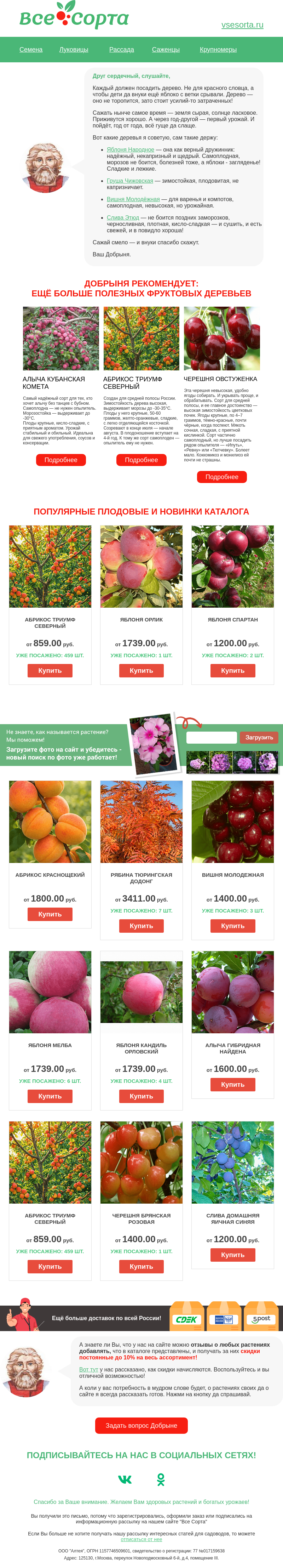 Письмо компании «Все сорта» на тему «🍏 🍑 🍒 Друг, хороший сад весь род кормит»