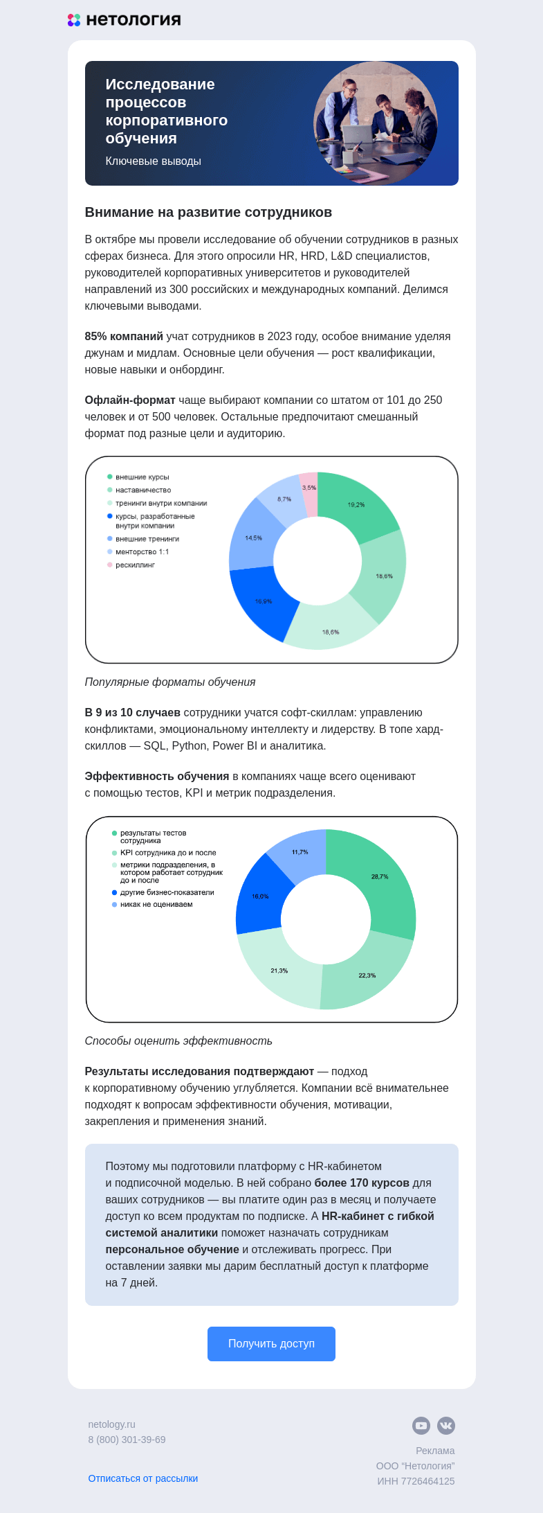 Письмо компании «Нетология» на тему «Исследование образовательных процессов бизнеса от Нетологии»