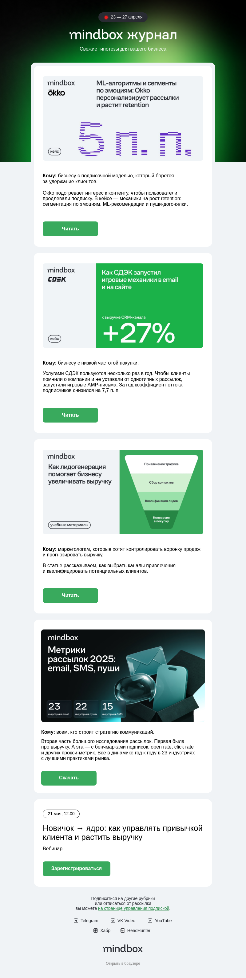 Письмо компании «Mindbox» на тему «Кейсы недели: +27% к CRM-выручке CДЭК, +5 п. п. к retention в Okko»