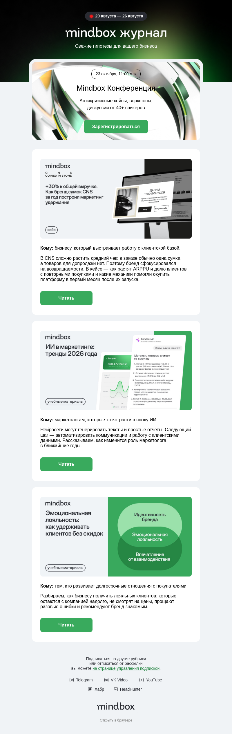 Письмо компании «Mindbox» на тему «Как построить маркетинг удержания — кейс бренда сумок CNS»